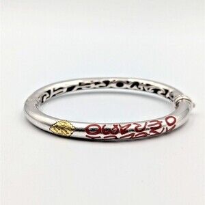 Leopoldo Poli Firenze 925 Sterling Silver 18K Gold Red Enamel Bangle Bracelet 7"